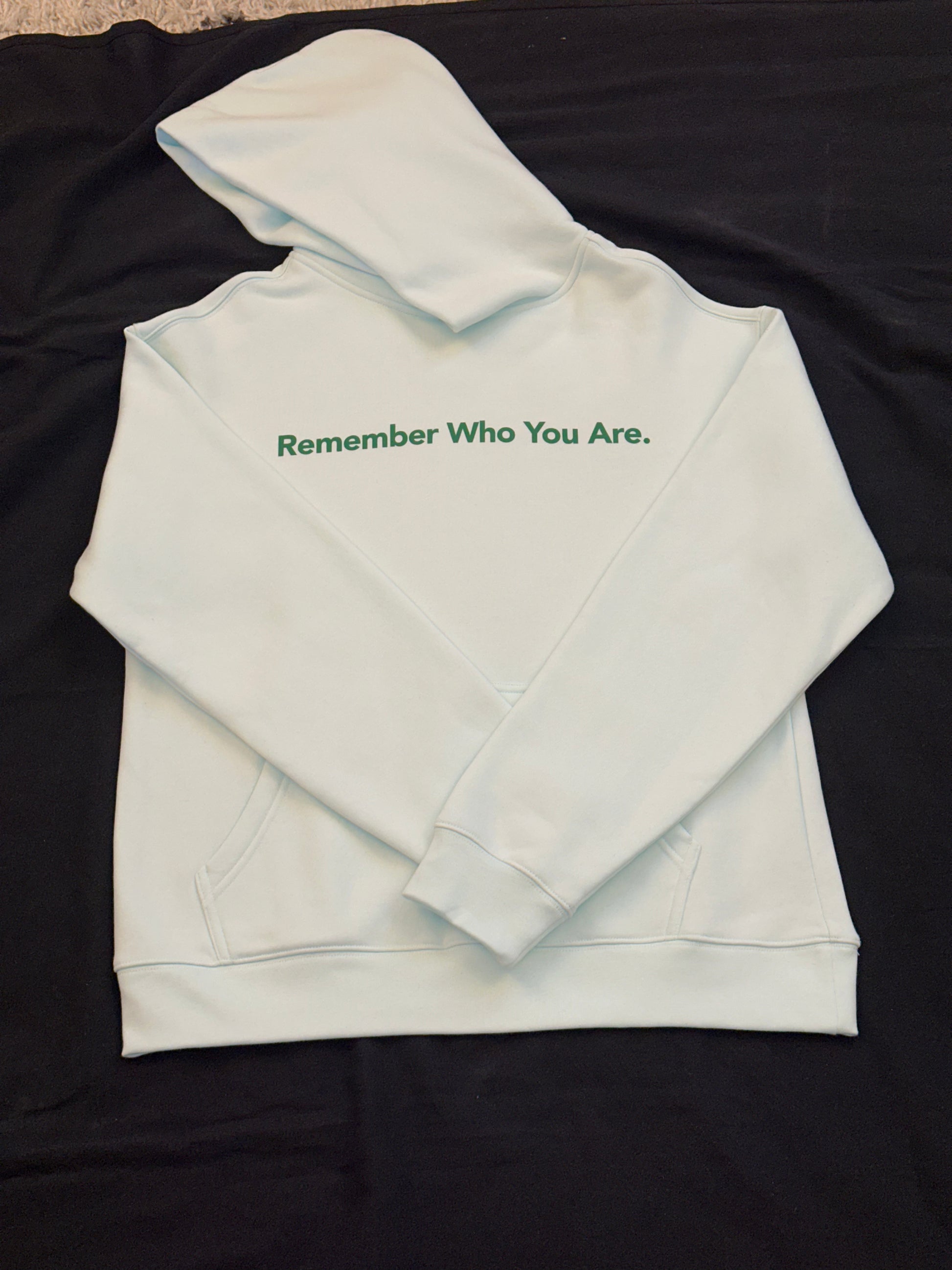Seafoam hoodie with Remember Who You Are. text on front.
